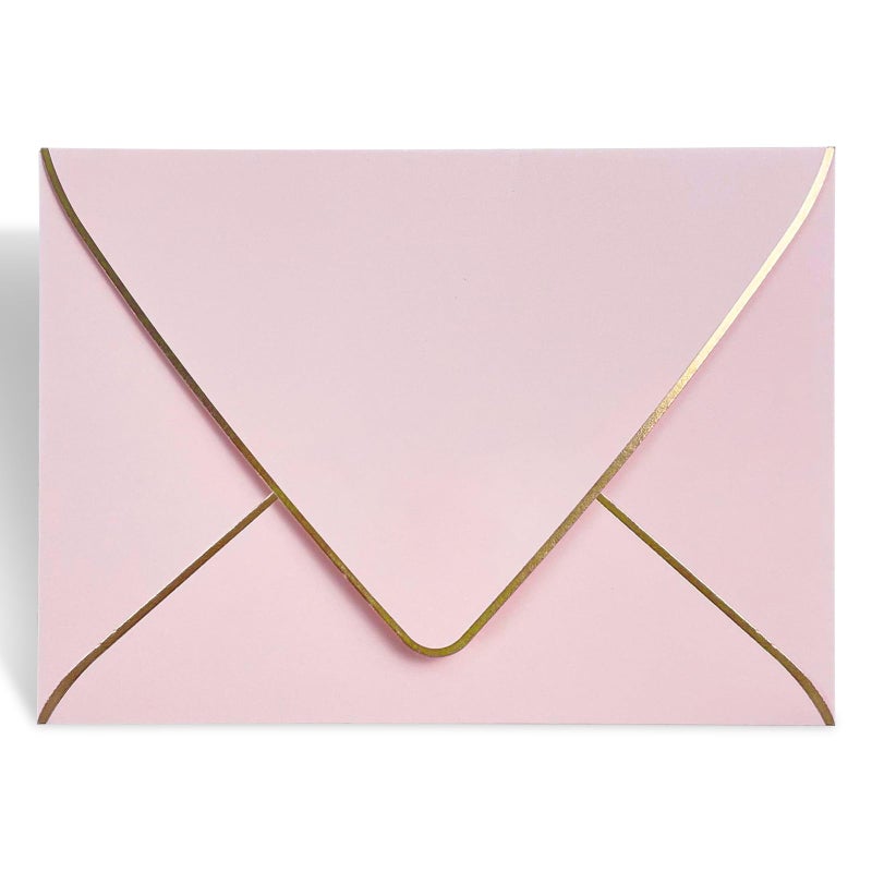 AZAZA A7 Pink Envelopes 50 Pack 5 x 7 - V flap, Quick Self Seal, With Gold Border, For 5x7 Cards| Perfect for Weddings, Invitations, Photos, Graduation, Baby Shower|Thick Luxury Paper (Pink-golden border) - Image 1